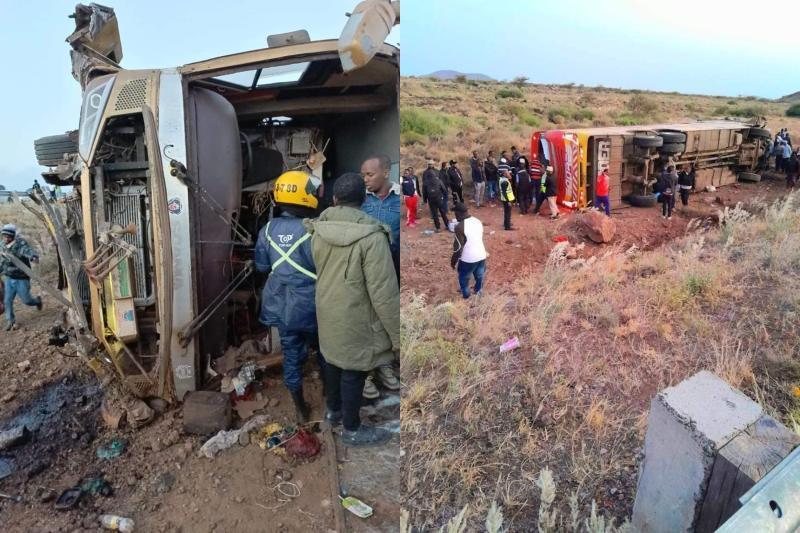 Photocollage of a bus involved in an accident on Friday, June 14 along the Marsabit-Moyale Road.